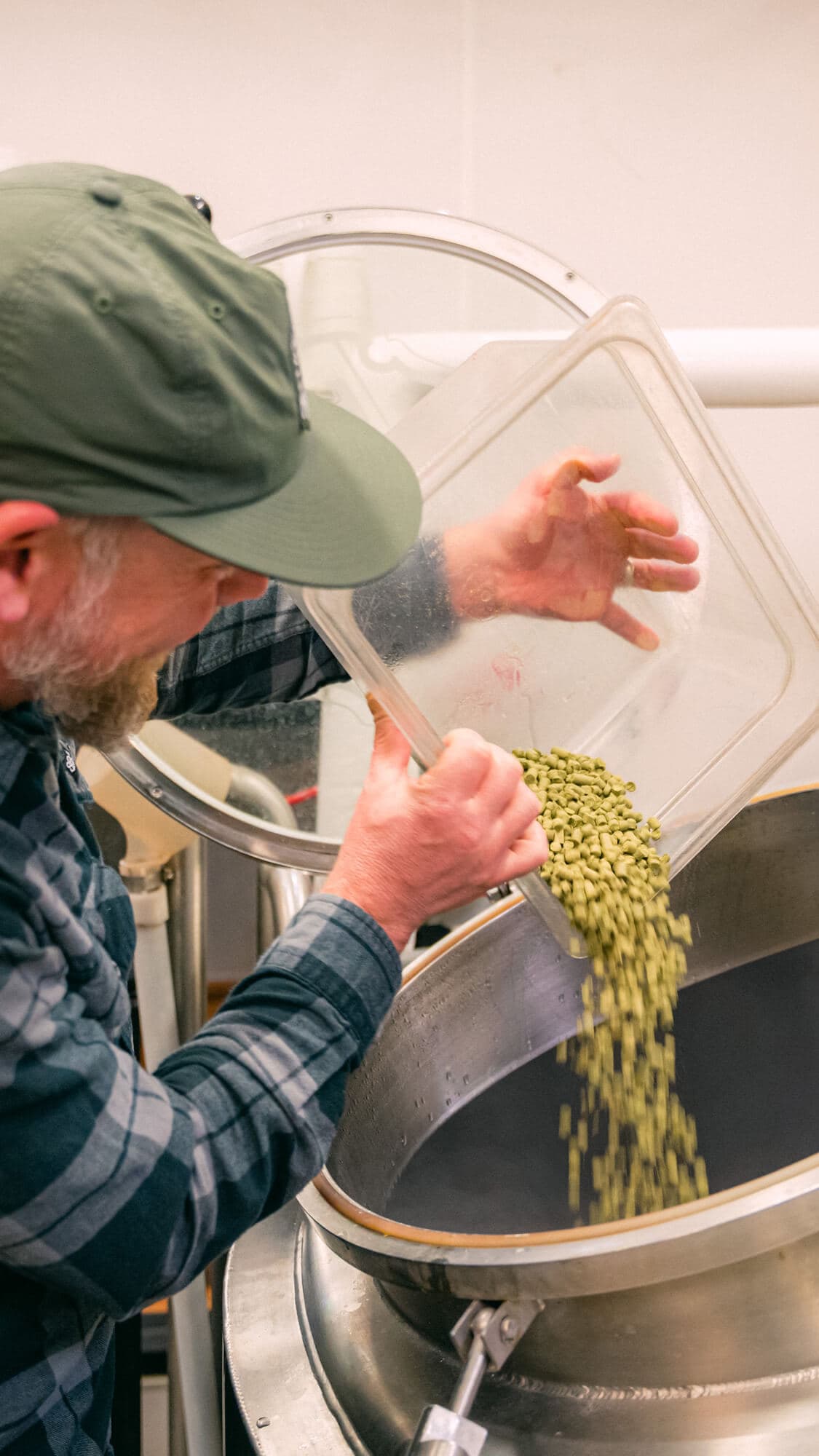 Brewer pouring T-90 hop pellets out of a bucket