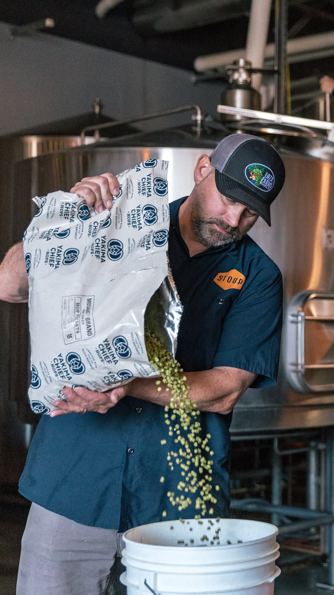Brewer pouring T-90 hop pellets out of a bag