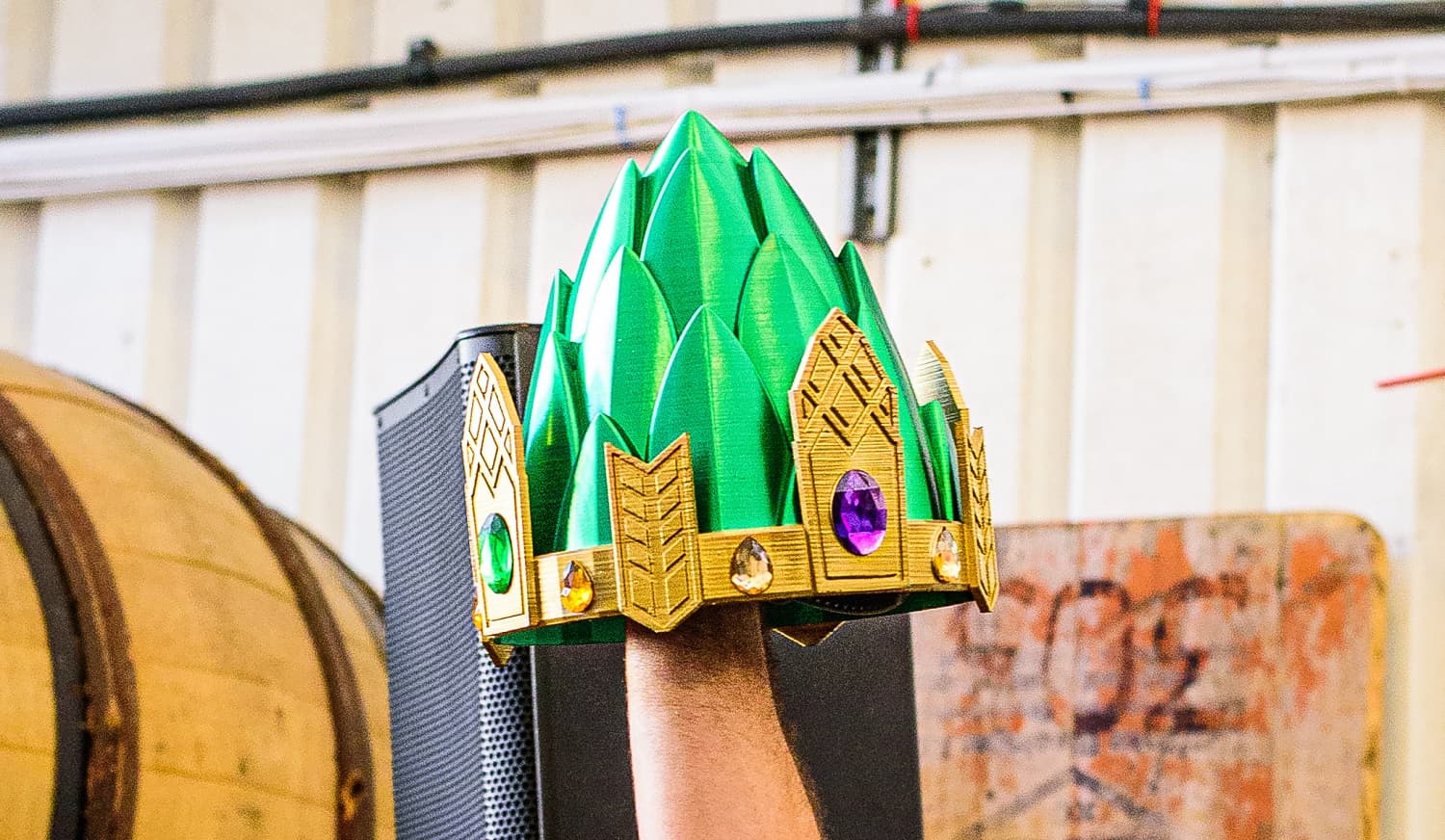 arm holding green plastic crown