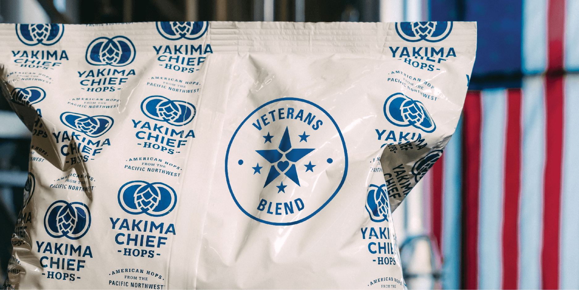 Veteran's Blend hop bag with YCH logo all over