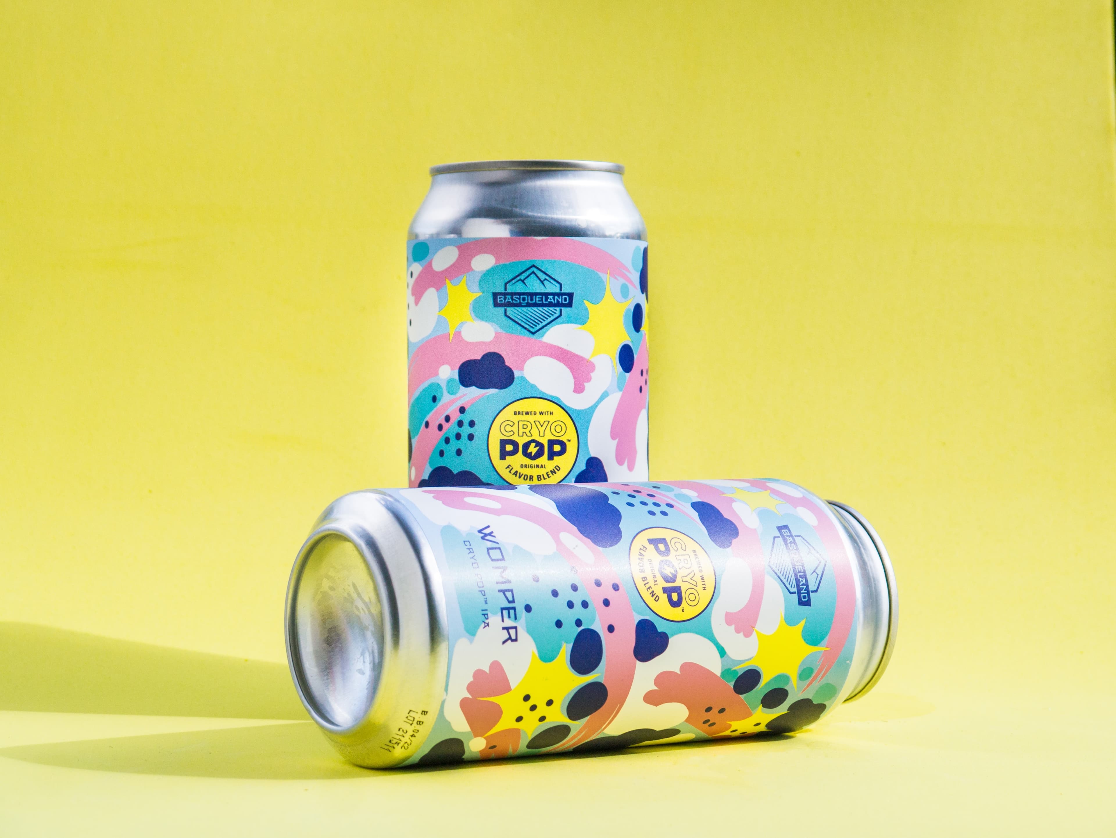 Beer can with Cryo Pop emblem with a soft yellow backdrop